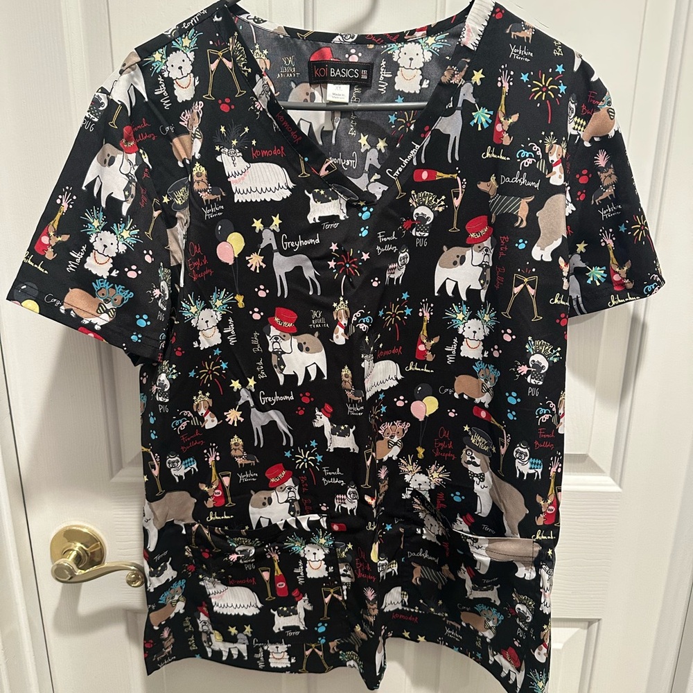 New Years Celebration Dog Breeds Scrub Top